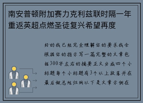 南安普顿附加赛力克利兹联时隔一年重返英超点燃圣徒复兴希望再度