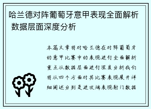 哈兰德对阵葡萄牙意甲表现全面解析 数据层面深度分析