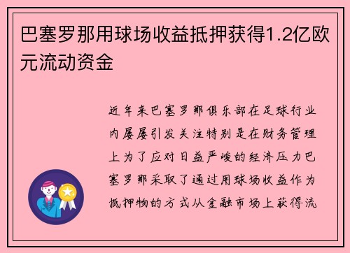 巴塞罗那用球场收益抵押获得1.2亿欧元流动资金 巴塞罗那用球场收益抵押获得1.2亿欧元流动资金