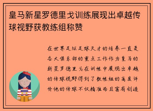 皇马新星罗德里戈训练展现出卓越传球视野获教练组称赞