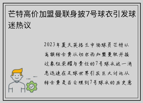芒特高价加盟曼联身披7号球衣引发球迷热议
